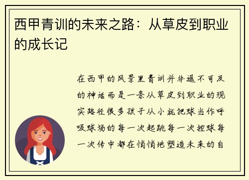 西甲青训的未来之路：从草皮到职业的成长记
