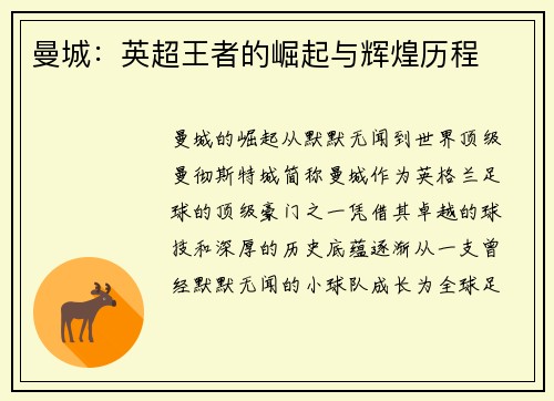 曼城：英超王者的崛起与辉煌历程