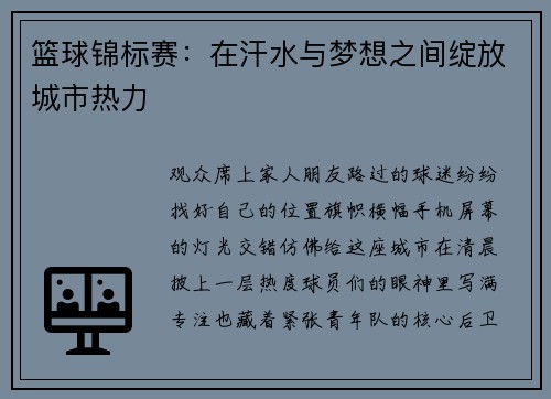 篮球锦标赛：在汗水与梦想之间绽放城市热力