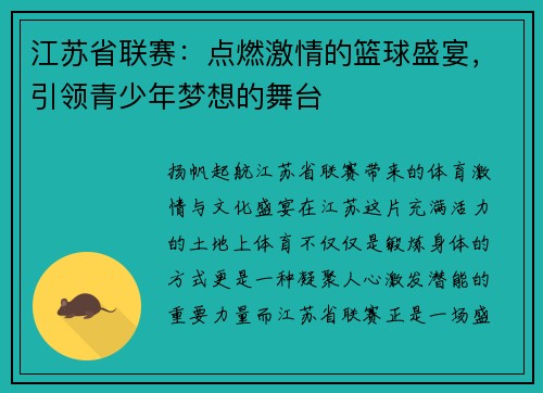 江苏省联赛：点燃激情的篮球盛宴，引领青少年梦想的舞台
